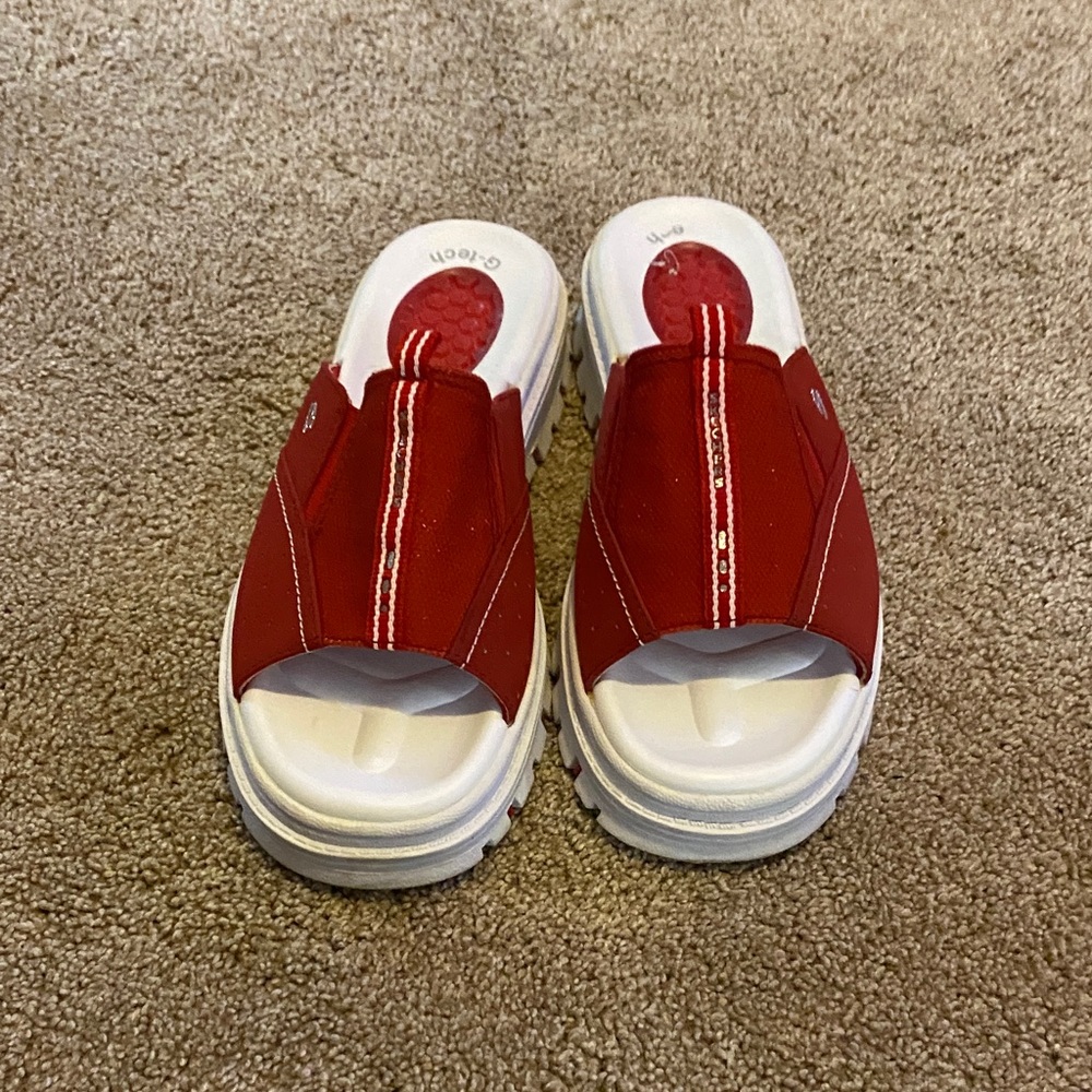 Skechers Red Slides with White and Gray Soles